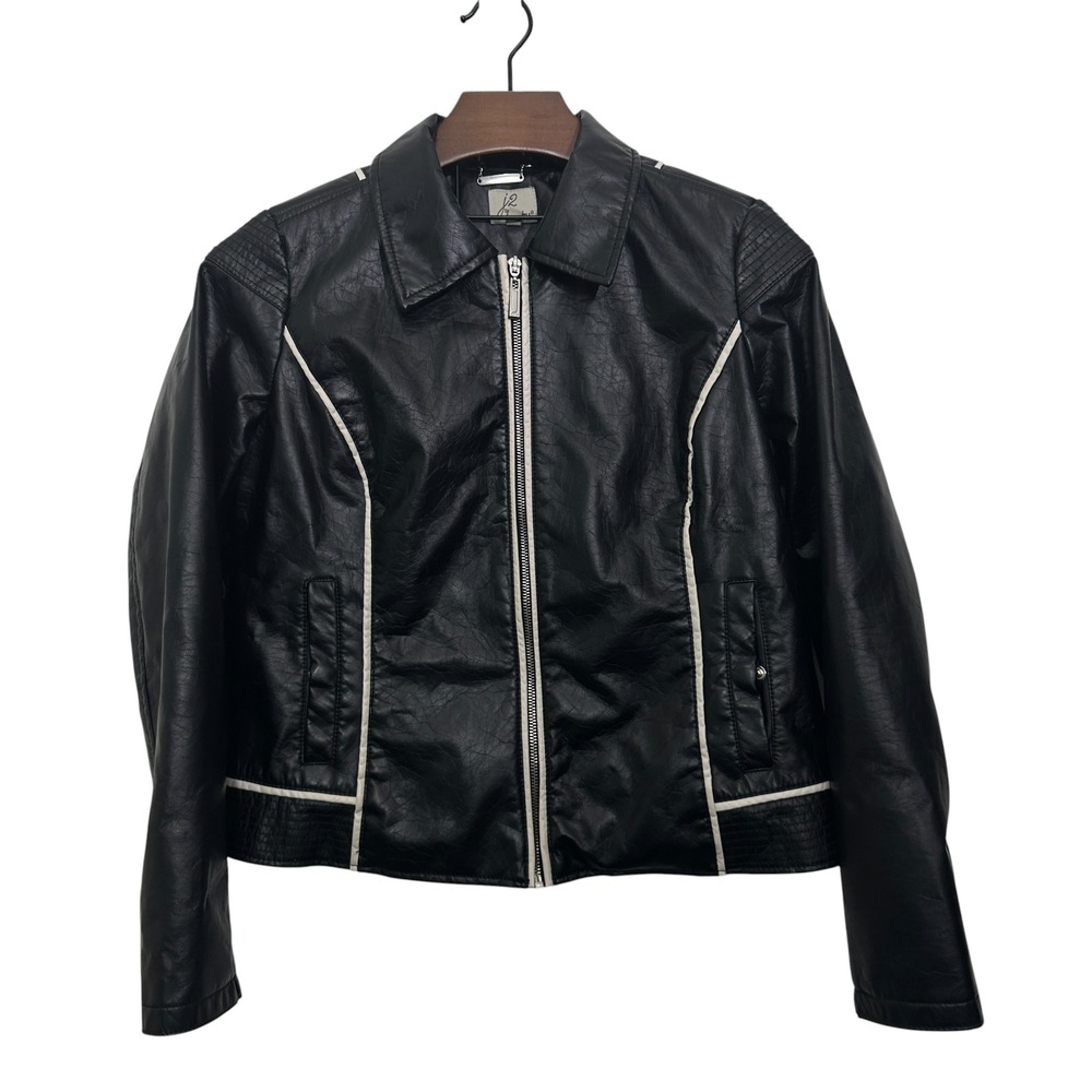 J2 by Joujou Moto Jacket Womens Black Faux Leather Biker Contrast Piping L